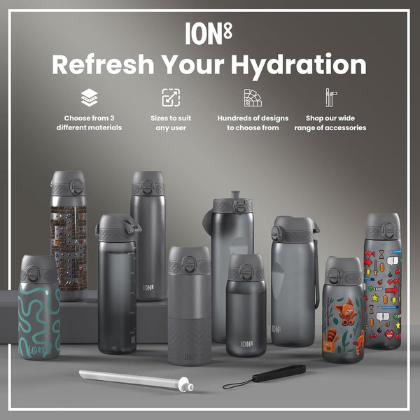 ION8 Water Bottle, 500ml/18oz, Slim Leak-proof & BPA-Free Drinking Bottle, Secure Lock Prevents Spills, Dishwasher Safe, Carry Handle, Ideal for Adults & Kids - Travel, Gym & School, Sport Cars Design