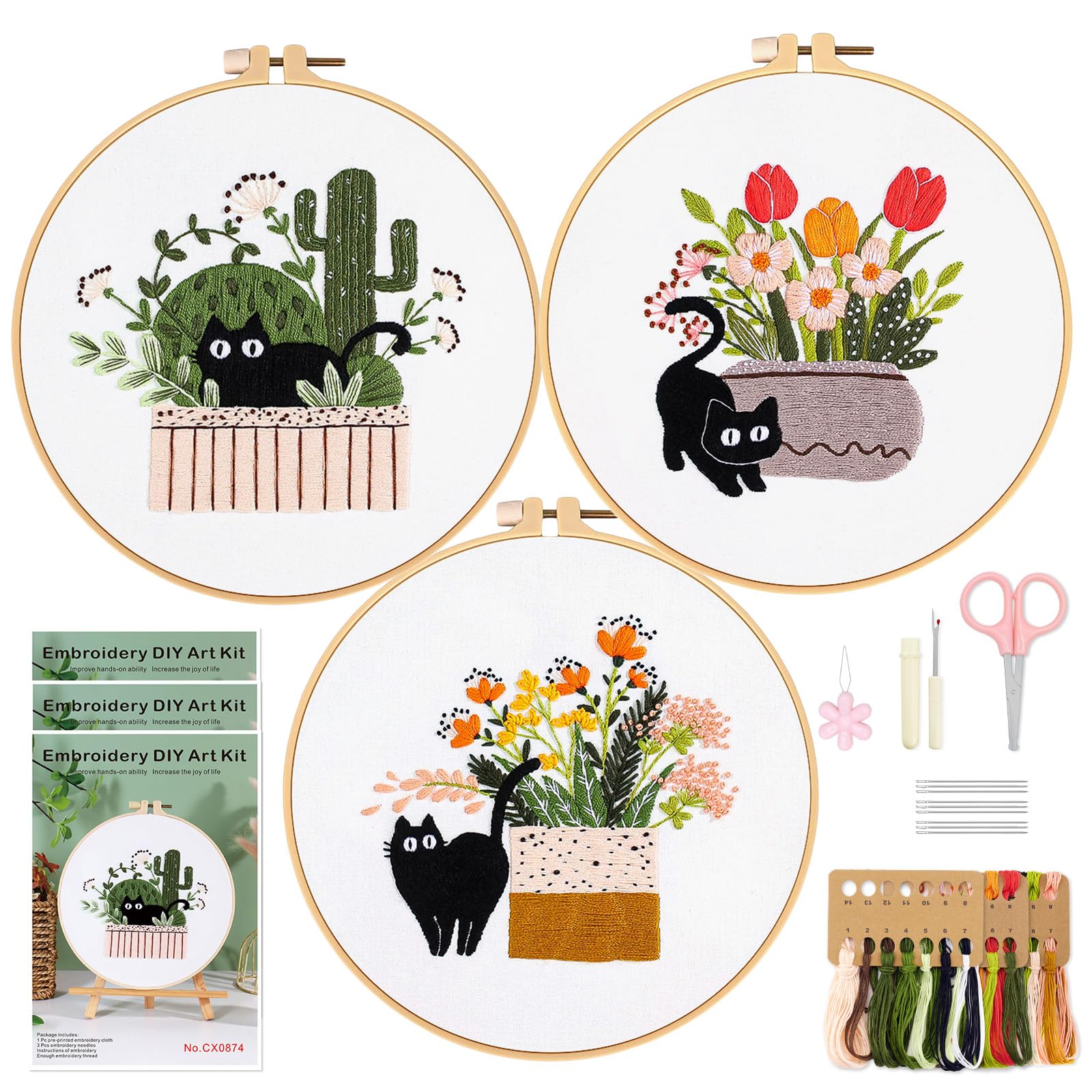 WIVLAX Embroidery Kit for Adults Beginners 3PCS, DIY Stitch Craft Set with Cat Pattern, Hoop, Thread & Needles, Starter Hand Flower Embroidery Kits