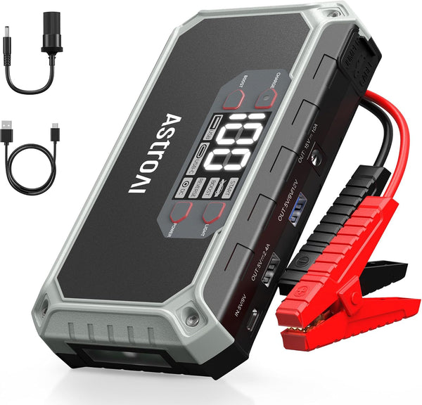 AstroAI 2000A Car Battery Booster Jump Starter Power Pack 18000mAh Power Bank (12V DC and QC3.0 Output) for 7.0L Petrol/3.0L Diesel Engines, with LCD Screen, LED Torch, Cigarette adaptor
