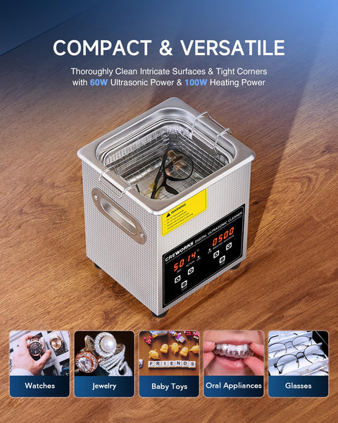 CREWORKS 6L Digital Ultrasonic Cleaner, 1.6 gal. Ultrasonic Cleaning Machine with Degas & Gentle Modes, 180W Professional Ultrasound Cleaner with 300W Heater and Timer for Glasses