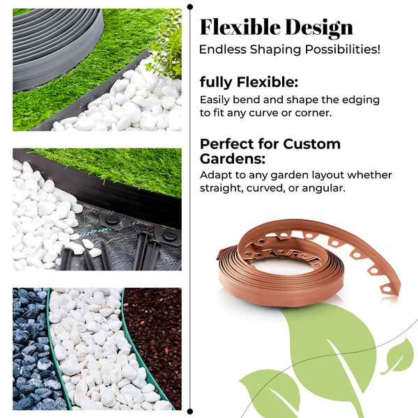 GARDENIX Lawn Edging 6cm high - 33ft long Brown Flexible Garden Edging Border with Easy Dig Installation & Reinforced Plastic Pegs, Ideal for