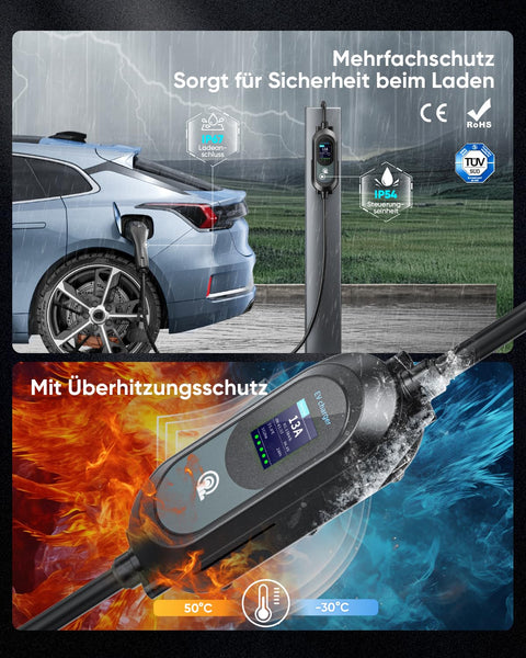 EV Charger Cable Type 2 to 3 Pin Plug 8M/26.25Ft, Max 3.1kW [6-13A] Electric Car Charger, Portable Car Type 2 Charging Cable 3 Pin with 2.4″ LED Screen, 12H Timing Delay, IP67/IP65 for EVs & PHEVs