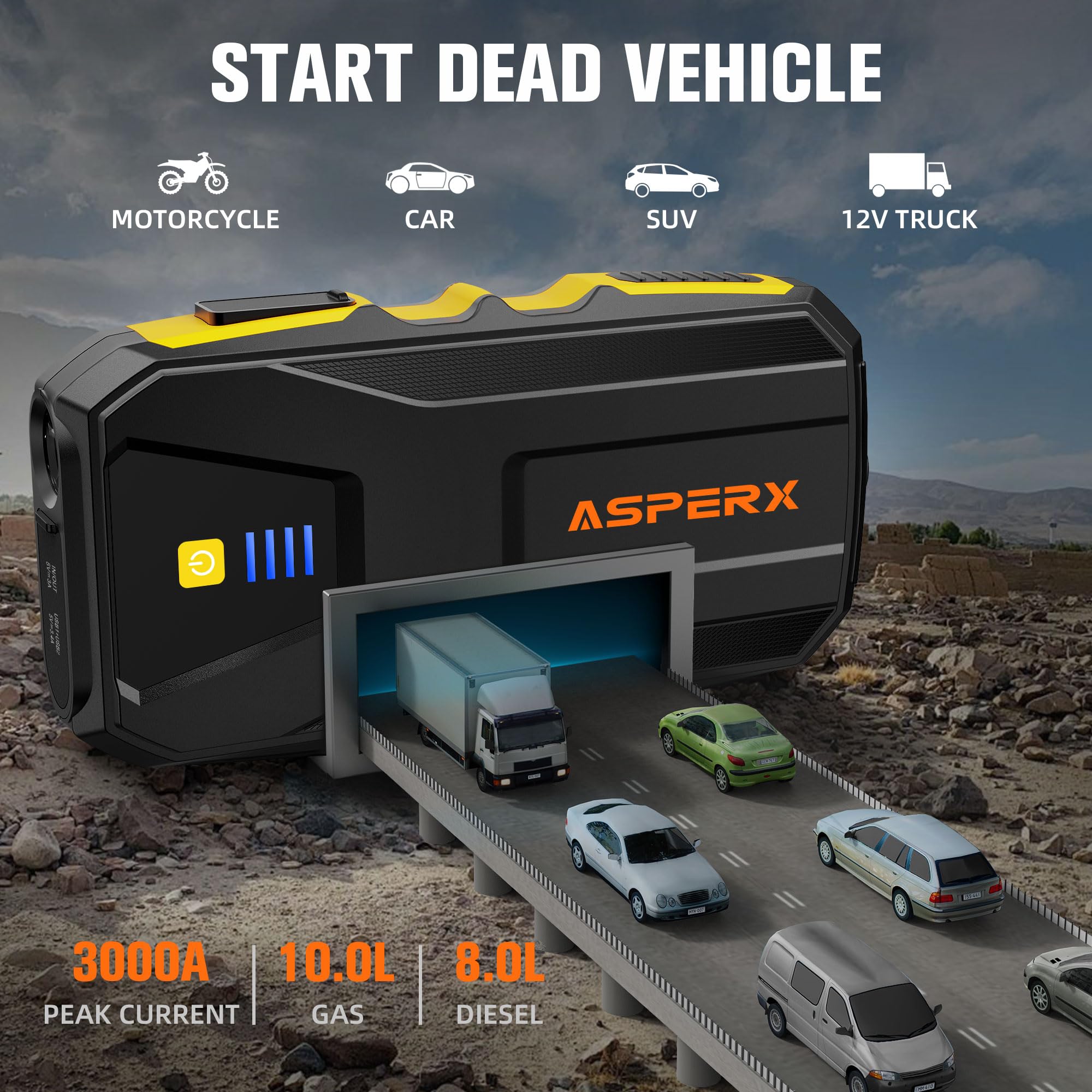 ASPERX Jump Starter Power Pack(Up to 10L Gas/8L Diesel), 3000A Car Battery Booster Jump Starter with LED Flashlight, Jump Leads and LCD Display, Jump Pack for 12V Vehicles, Pickup, SUV, Motorcycle