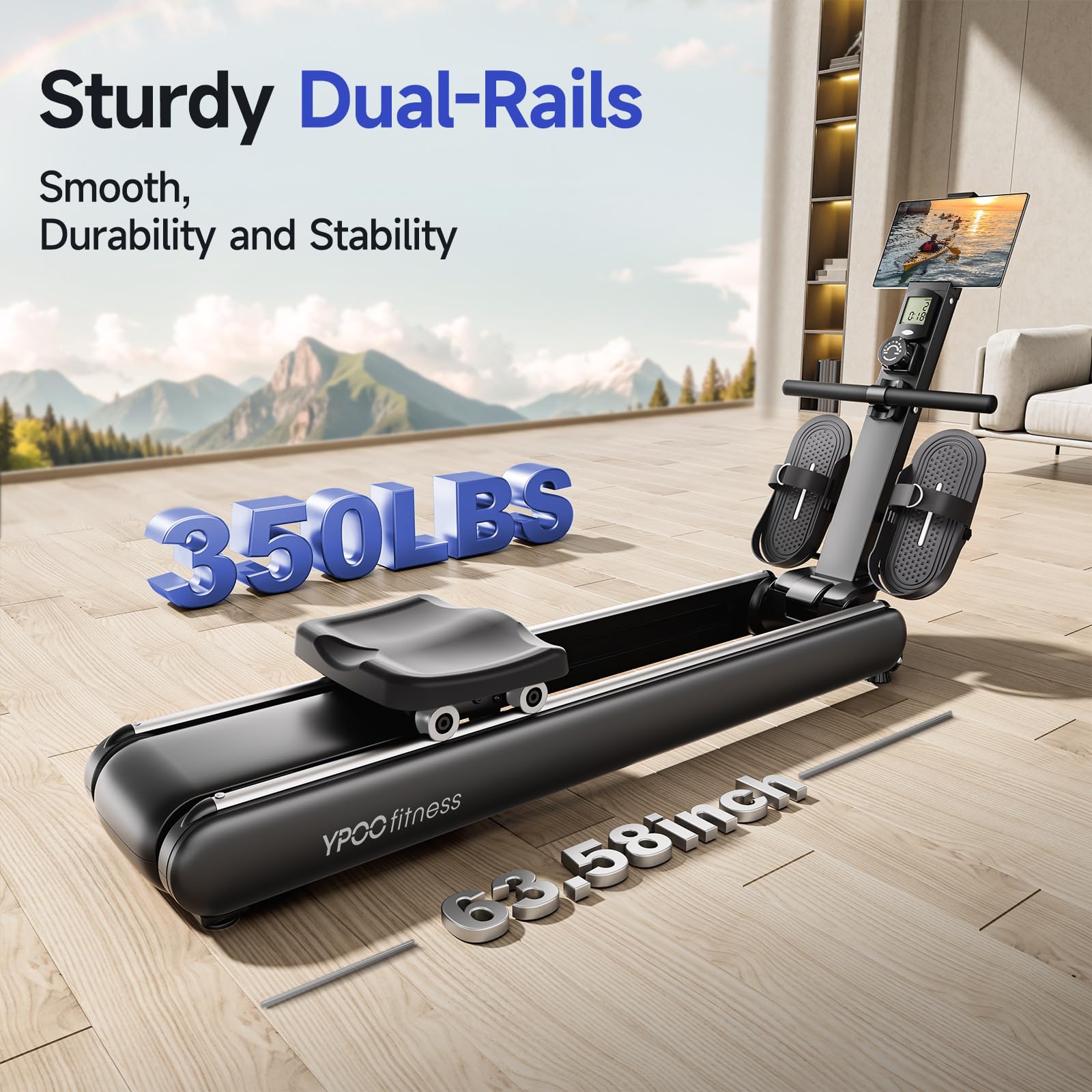 YPOO Rowing Machines, Magnetic Rowing Machines for Home Gym, 16 Levels Resistance Rowing Machine Foldable Quiet with Dual Slide Rail, 350lb Folding Rowing Machine with LCD Display Seat Cushion & App