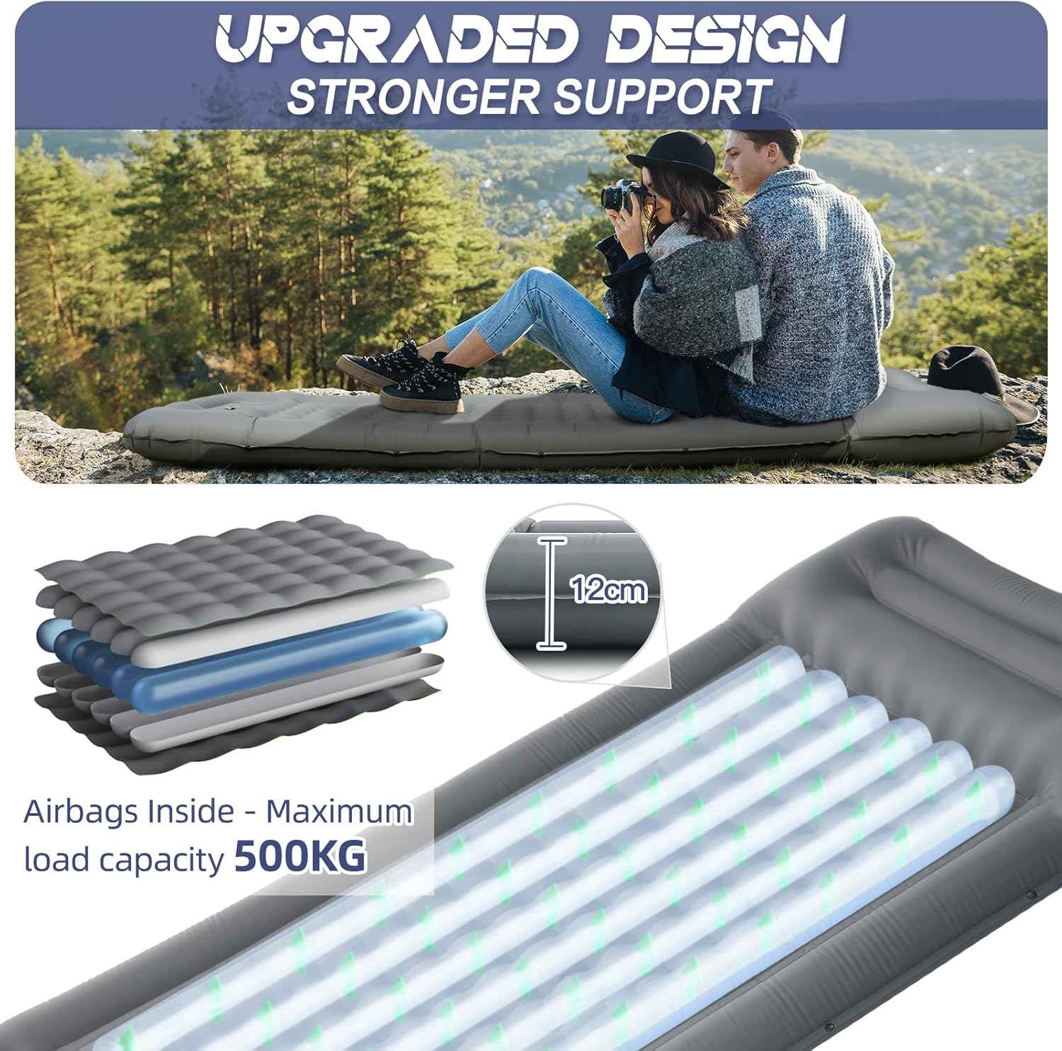 NHOWIN Self Inflating Camping Mat, 12CM Thicken Ultralight Sleeping Mat with Built-in Pump, Portable Camping Mattress Bed with Pillow, Waterproof Folding Sleeping Pad for Hiking, Backpacking