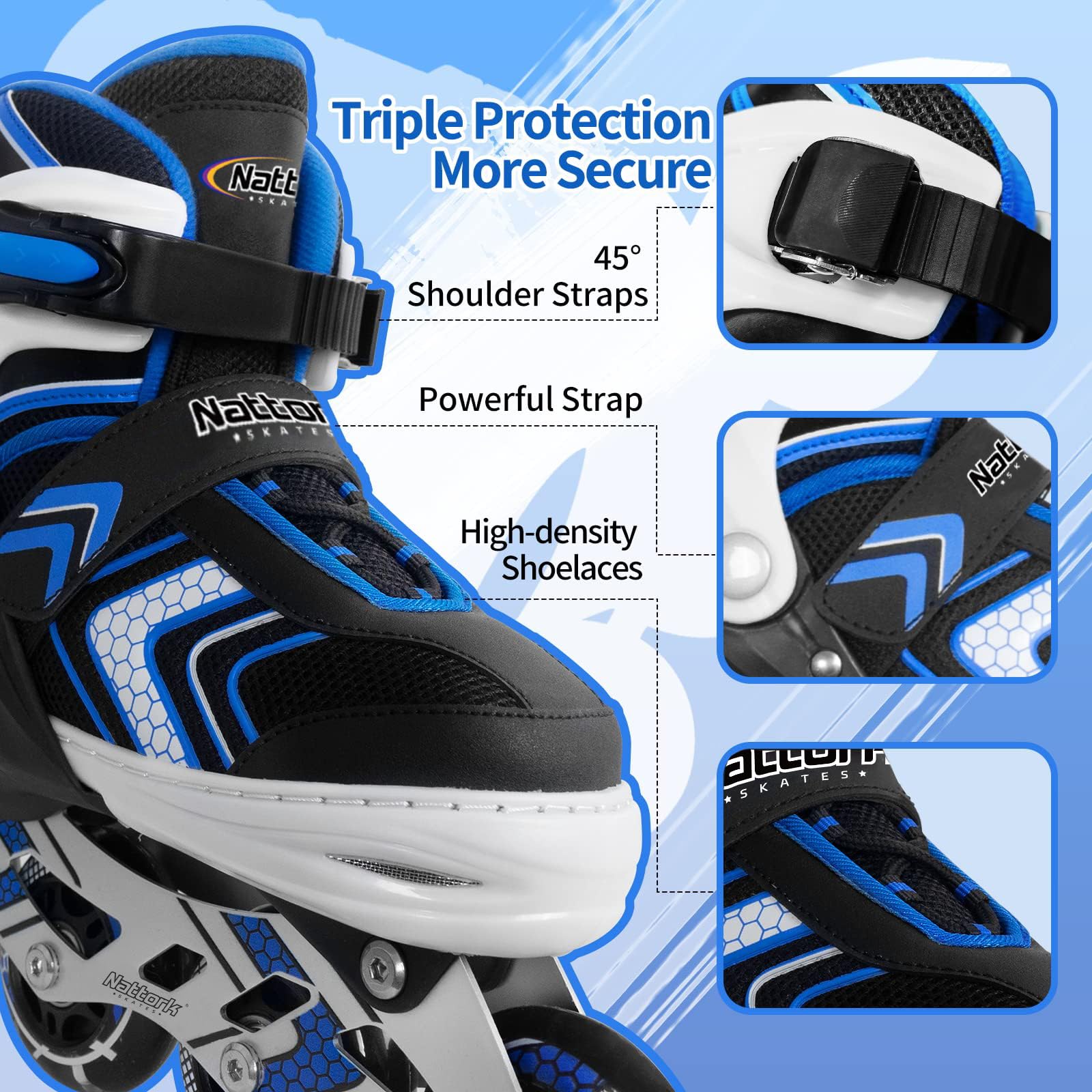 Nattork Roller Skates for Boys with Full Light up Wheels, Adjustable Beginner Inline Skates for Little Kids, Blue, Size 10J 12J 13J