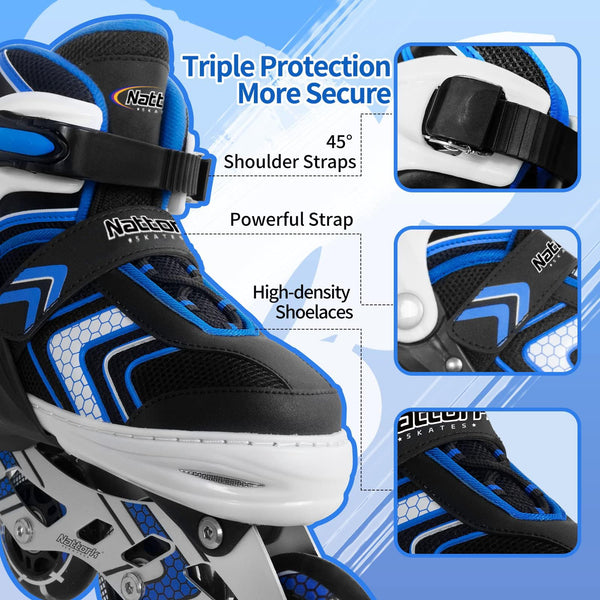 Nattork Roller Skates for Boys with Full Light up Wheels, Adjustable Beginner Inline Skates for Little Kids, Blue, Size 10J 12J 13J