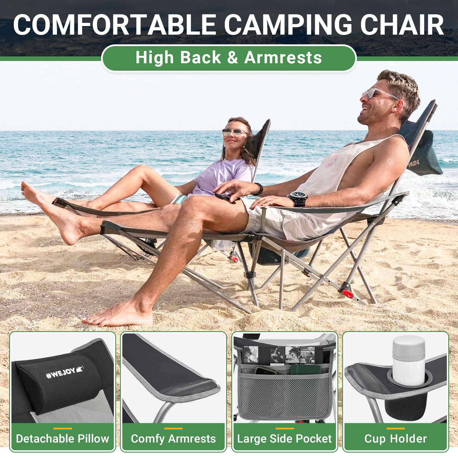 #WEJOY Camping Chairs Folding Recliner Chair Adjustable with Detachable Footrest Headrest Cup Holder Lightweight Portable Reclining Camp Chair Fold Up Chair for Outdoor Beach Garden, Cyan Set of 2