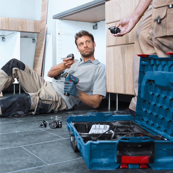 Bosch Professional 12V System Cordless Drill Driver GSR 12V-15 FC (2x battery GBA 12V 2.0Ah, Charger GAL 12V-40, 4x adapter (GFA 12-B, GFA 12-X, GFA 12-W, GFA 12-E, L-BOXX 102)