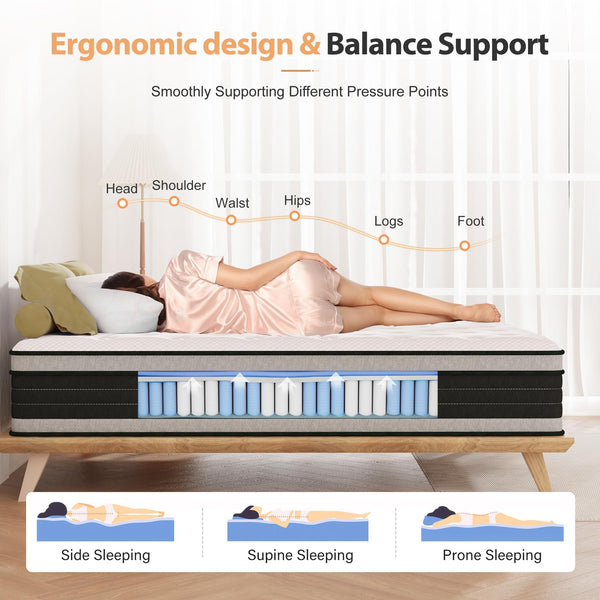 Bednew Double Mattresses 34cm, 13.4 Inch Innerspring Hybrid Mattress Double 4FT6 with Breathable Foam and Pocket Spring For Cool Comfort Sleep, Medium Firm Mattress(135x190x34cm)