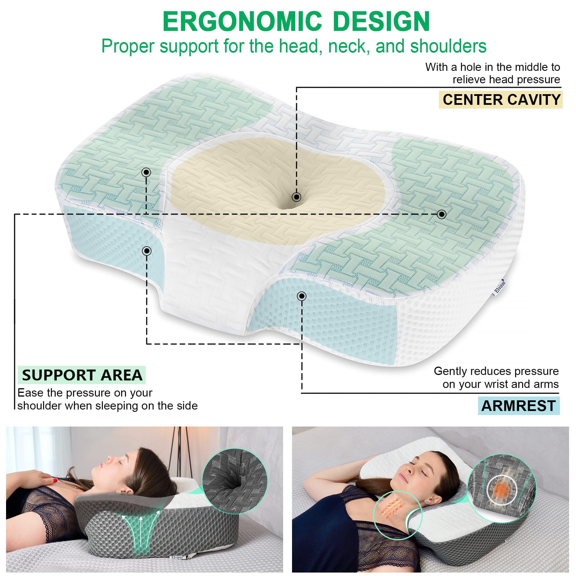 Elviros Cervical Memory Foam Neck Pillow for Side Sleeping, Orthopedic Pillows for Back and Stomach Sleepers, Adjustable Ergonomic Bed Pillow Pain