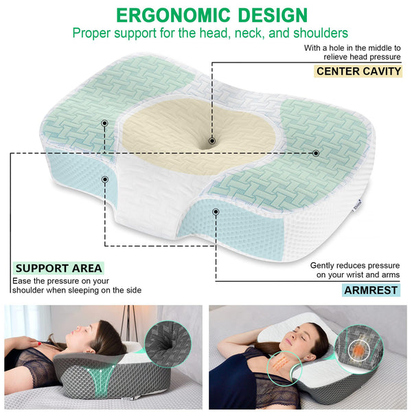 Elviros Cervical Memory Foam Neck Pillow for Side Sleeping, Orthopedic Pillows for Back and Stomach Sleepers, Adjustable Ergonomic Bed Pillow Pain