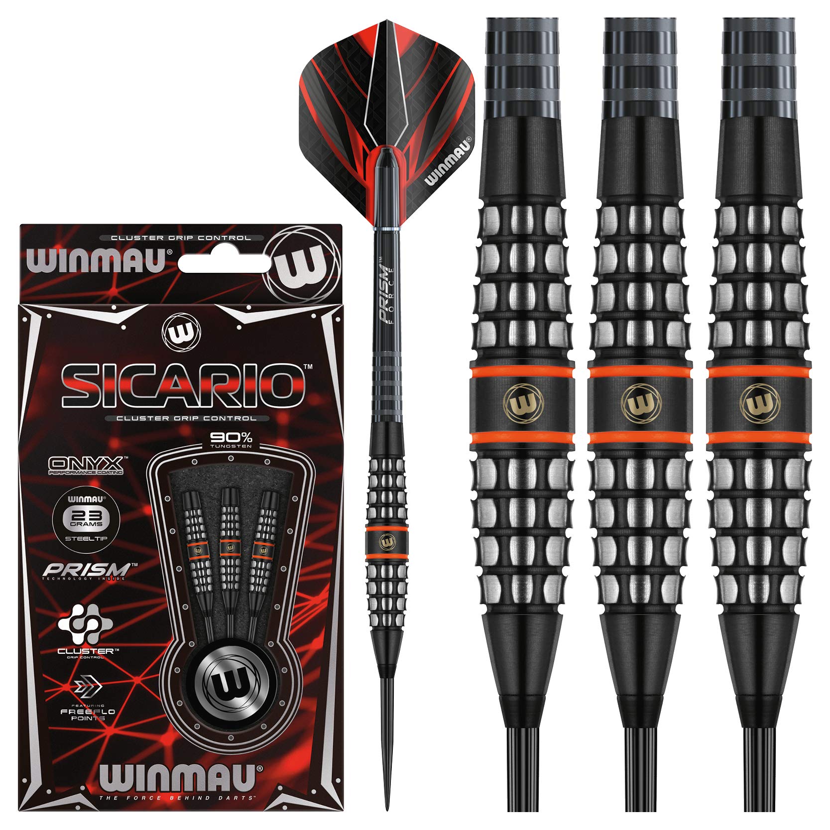 WINMAU Sicario Tungsten Steeltip Darts Set 23g with Prism Flights and Shafts (Stems)