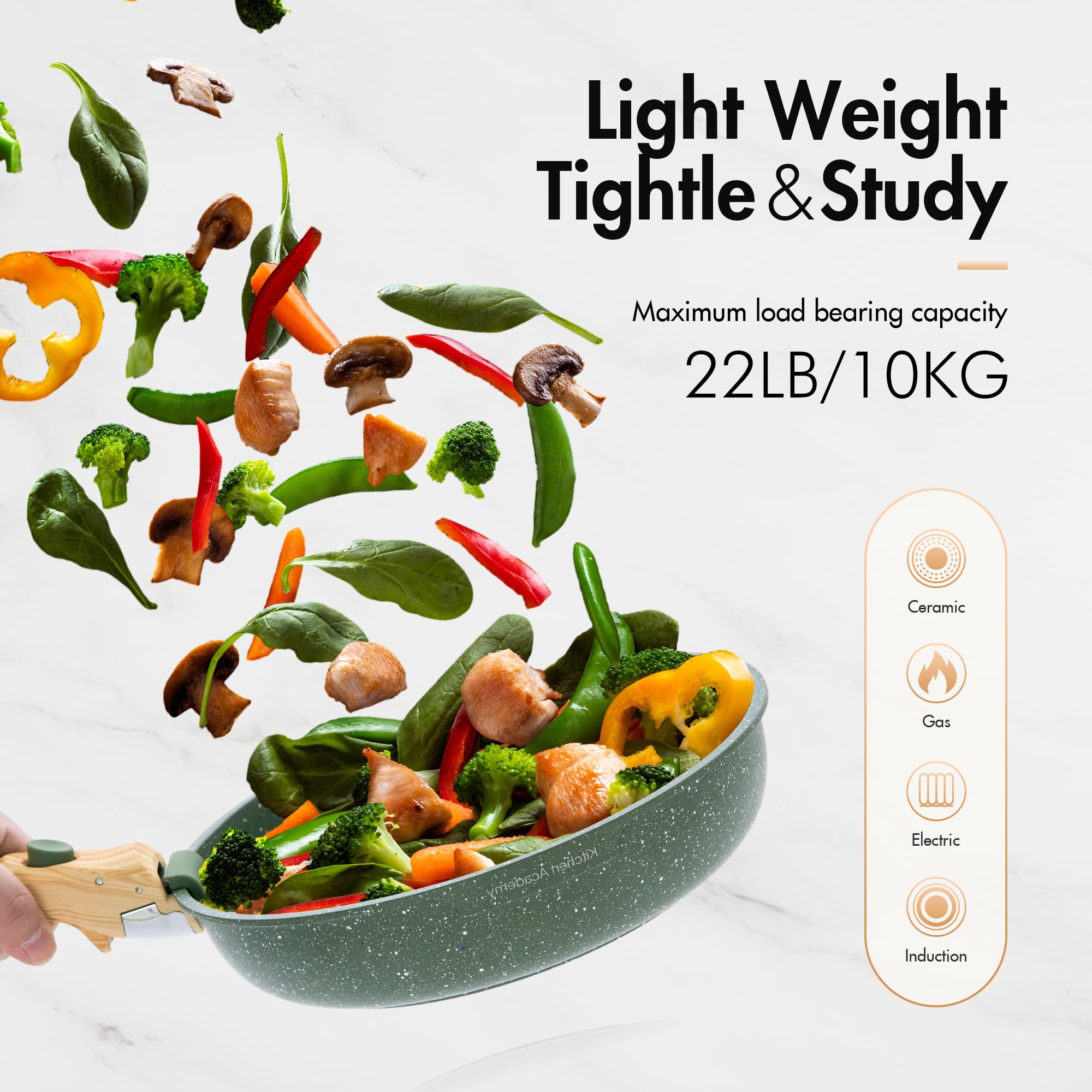 Kitchen Academy Non Stick Cookware Set, 10 Piece Granite-Coated Induction Pots and Pans Set with Detachable Handle, Stackable RV Cooking Set for