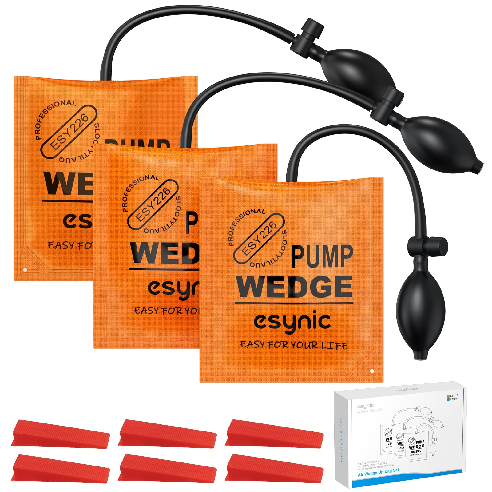 eSynic 3Pack Air Wedge Pump up Bag Inflatable Wedge Winbags Smooth TPU Air Bags for Lifting Door Air Wedge Door Lifter Pump Load-Bearing 297 Pounds/134KG with 4 Plastic Wedges-Blue