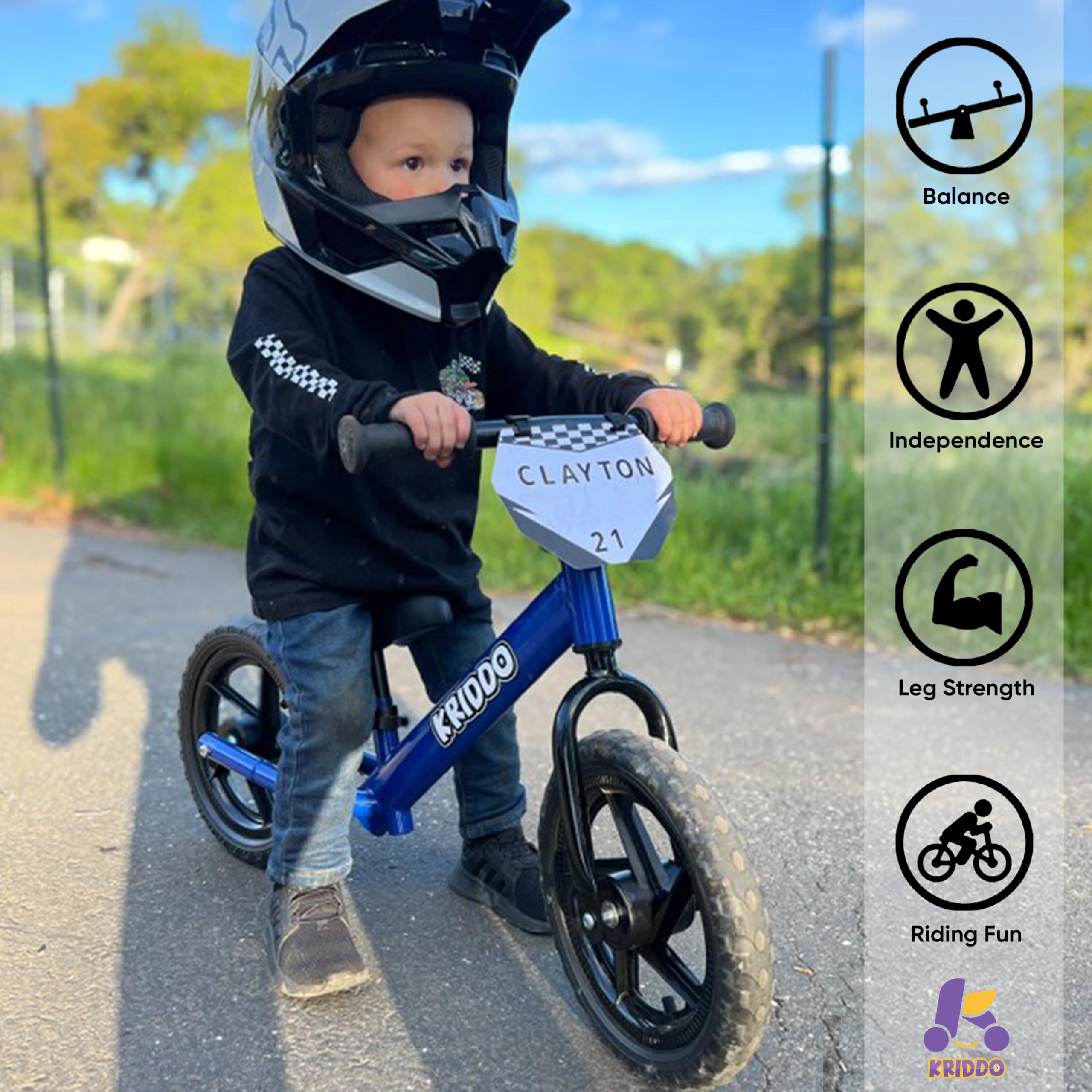 KRIDDO Toddler Balance Bike 2 Year Old, Age 18 Months to 5 Years Old, 12 Inch Push Bicycle with Customize Plate (3 Sets of Stickers Included), Gift Bike for 2-3 Boys Girls, Blue