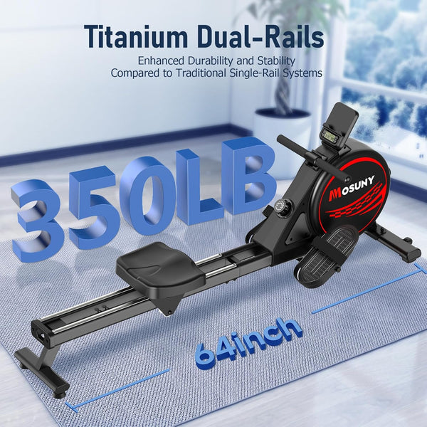 Rowing Machine, MOSUNY Magnetic Rowing Machines for Home Gym with 16 Levels Resistance, Maximum Load of 350 LB, Upgrade to Double Slide Rails, App Supported, Vertical Storage