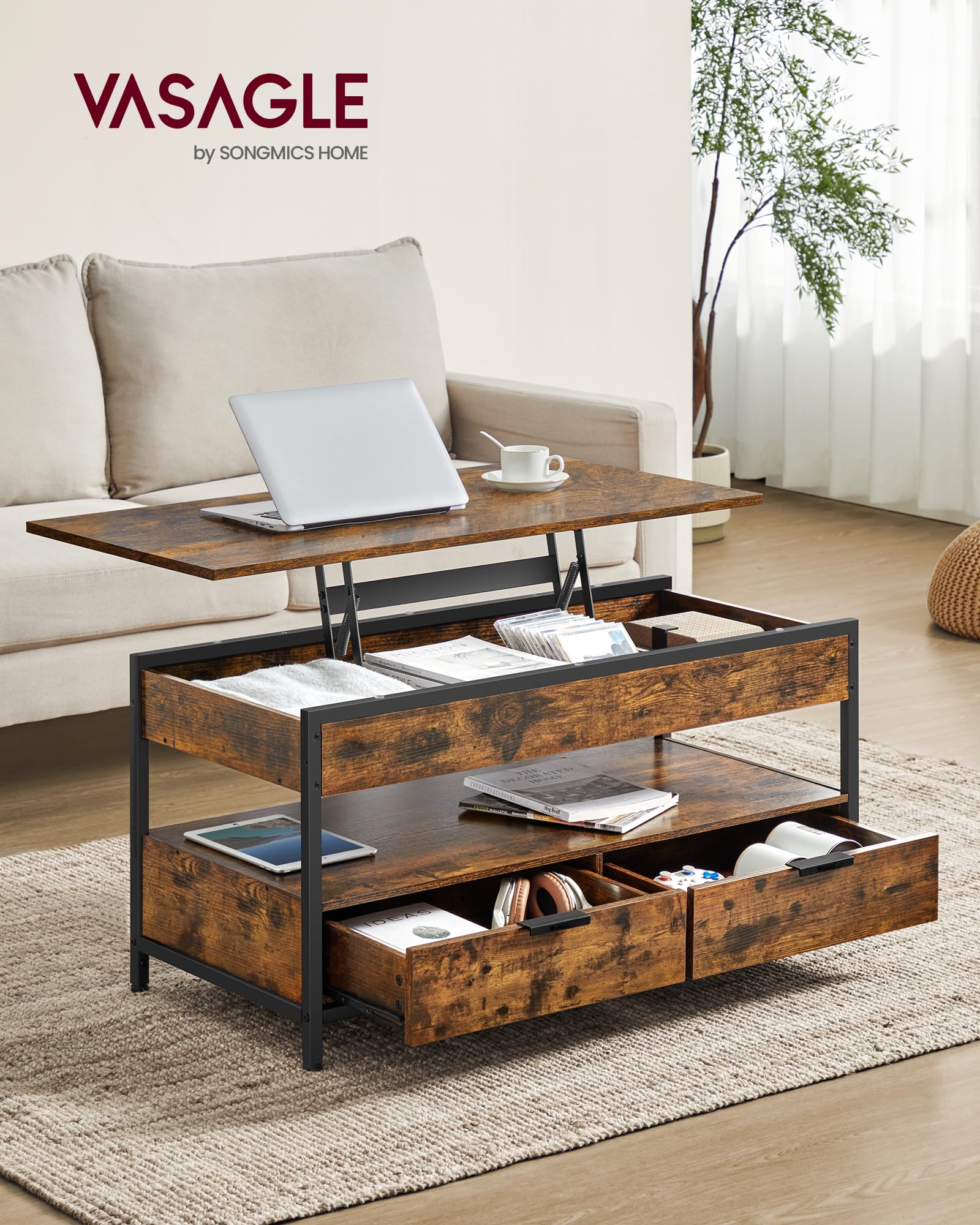 VASAGLE Lift Top Coffee Table, Living Room Table, with Storage Drawers, Hidden Compartments, and Open Shelf, Rustic Brown and Ink Black LCT209K01