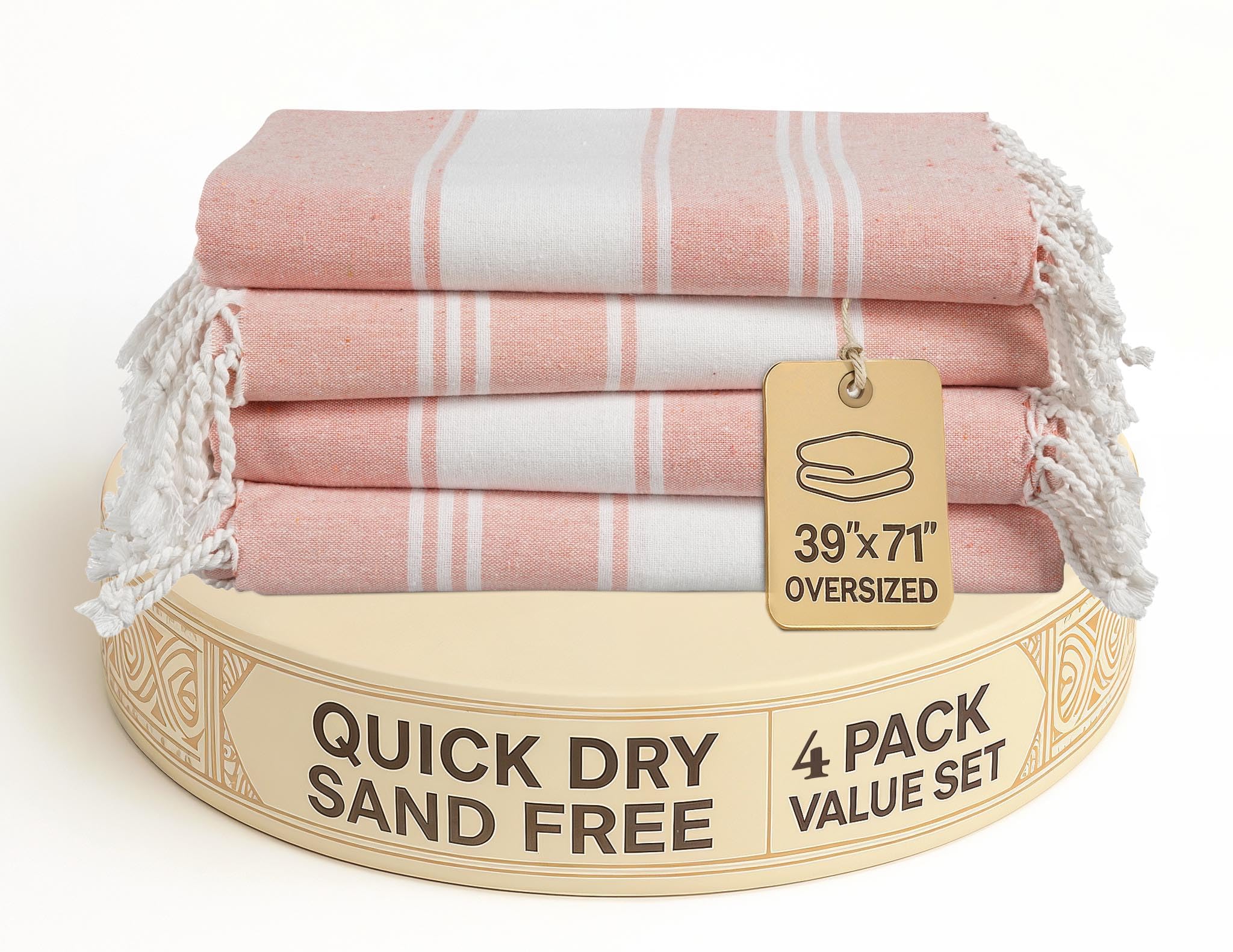 LANE LINEN Oversized Turkish Beach Towels ? 4 Pack, 39"x71" Cotton Rich & Quick Dry Pool Towels, Pre-Washed, Sand-Free & Absorbent Travel Towels for