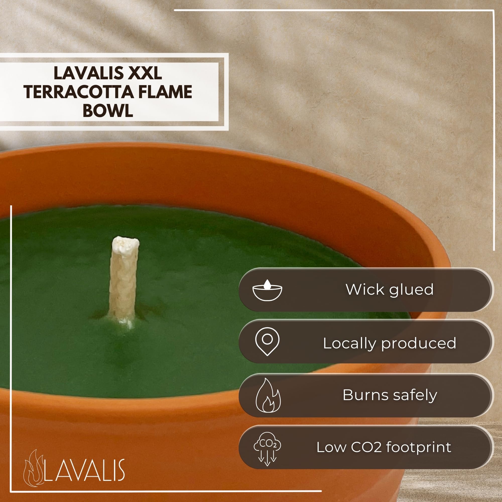Lavalis - Large XXL Candle with Terracotta Bowl - Burn Time of 15 Hours - Garden Candle for BBQ, Wedding and Party - 18 cm Flame Height