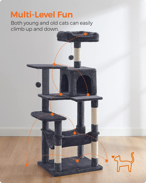 Feandrea Cat Tree, 143 cm Cat Tower for Indoor Cats, Multi-Level Plush Cat Condo with 4 Scratching Posts, 2 Perches, Cave, Hammock, Pompoms, Smoky