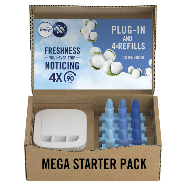Febreze 3Volution Air Freshener Plug-In Starter Kit + 4 Refills (20ml x 4) – Cotton Fresh