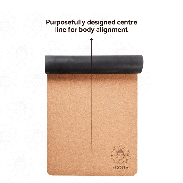 Ecoga Cork Yoga Mat With Alignment Lines - Thick Yoga Mat with Natural Rubber Base - Nonslip, Eco-friendly Pilates Mat for Stretching, Gym Workout &