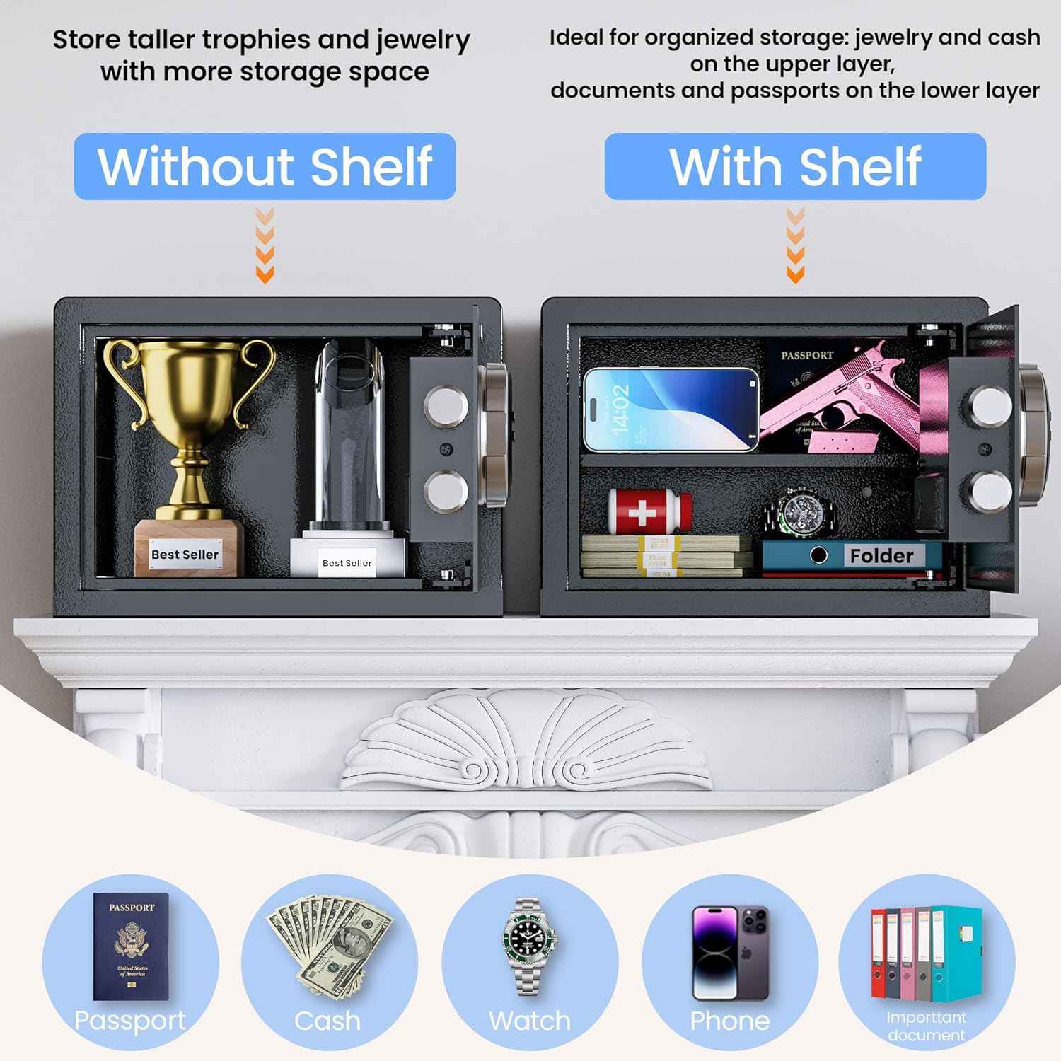 Smart Biometric safe with fingerprint lock (9.84"H x 9.84"D x 13.78"W), Small Safe Box with Silent Mode & Backlit Keypad & LED Light, caja fuerte para dinero for Rich Person