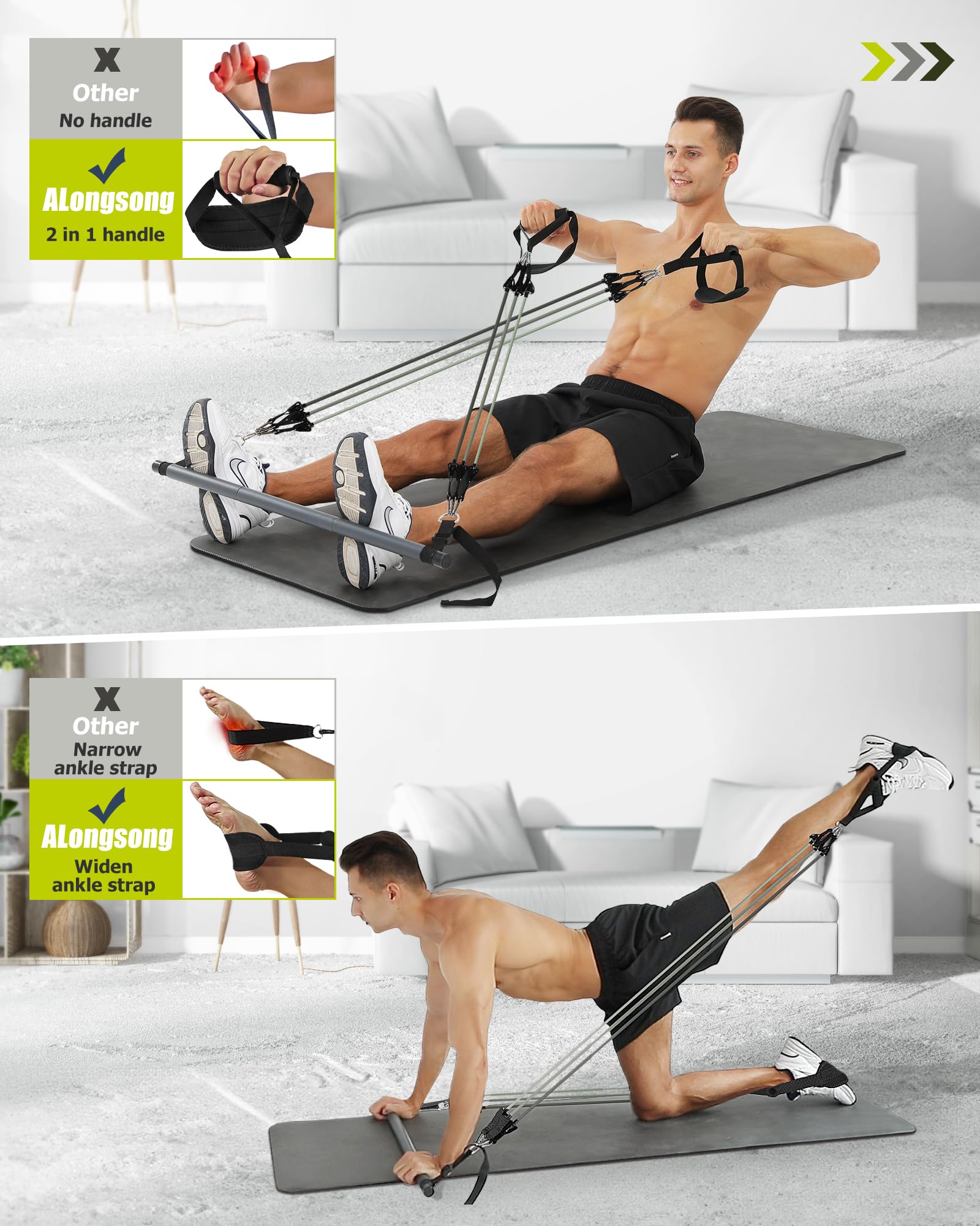 ALongSong Pilates Bar Set With 6 Latex Elastic Resistance Bands 30/40/50lbs 3 Section Pilates Bar Portable Home Workout Fitness For Yoga, Stretching,