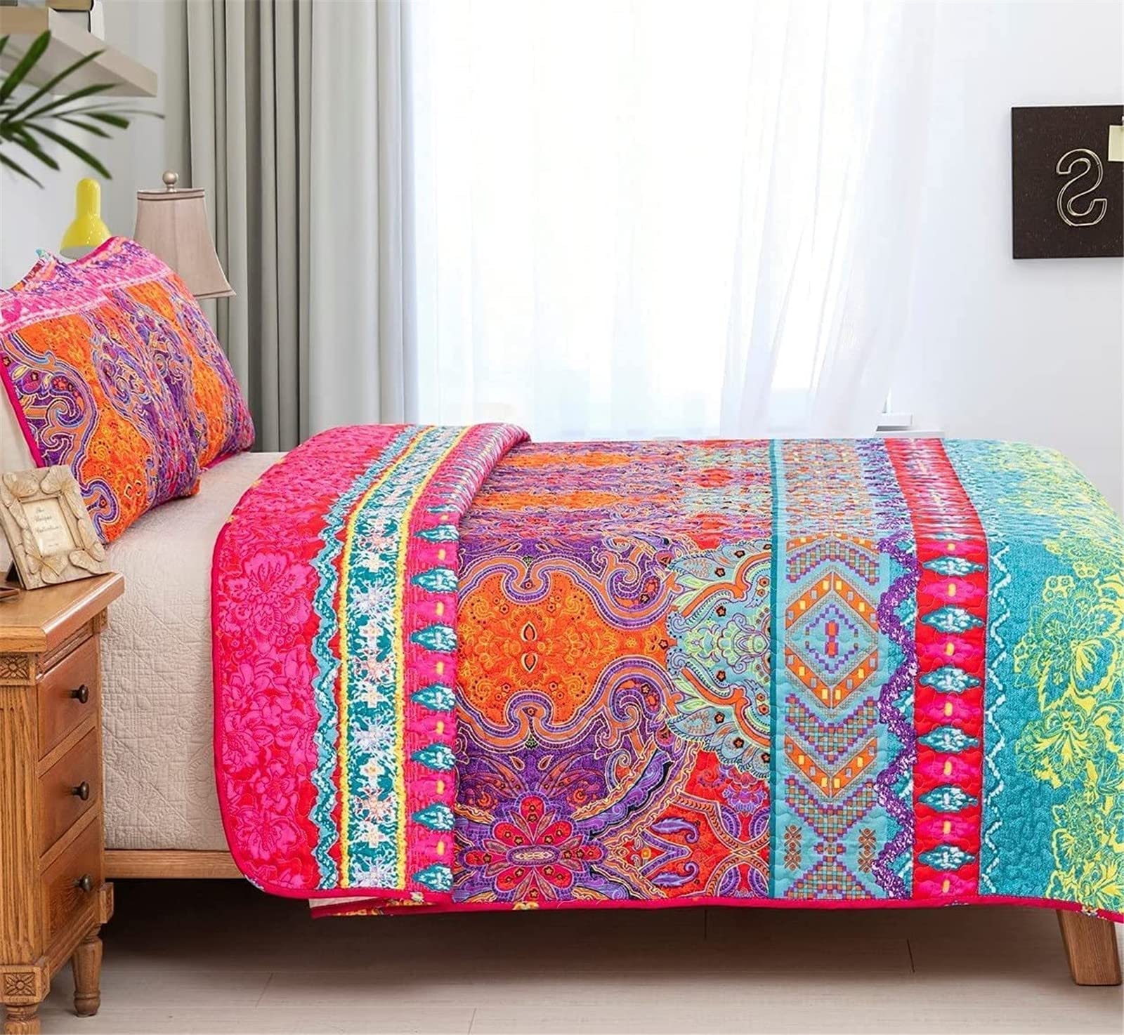 WONGS BEDDING Reversible Flower Bohemian Bedspread with 2 Pillowcases Colorful Floral Boho Pattern Bedspread Coverlet for All Season Soft Microfiber