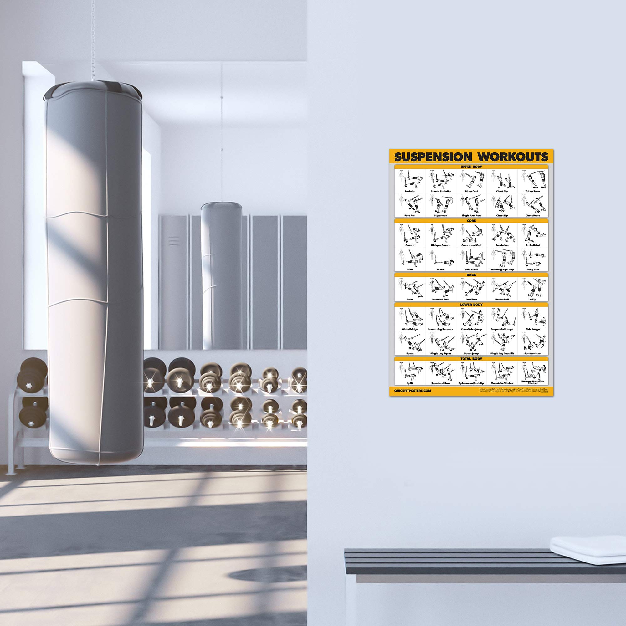 10 Pack - Exercise Workout Poster Set - Dumbbell, Suspension, Kettlebell, Resistance Bands, Stretching, Bodyweight, Barbell, Yoga Poses, Exercise