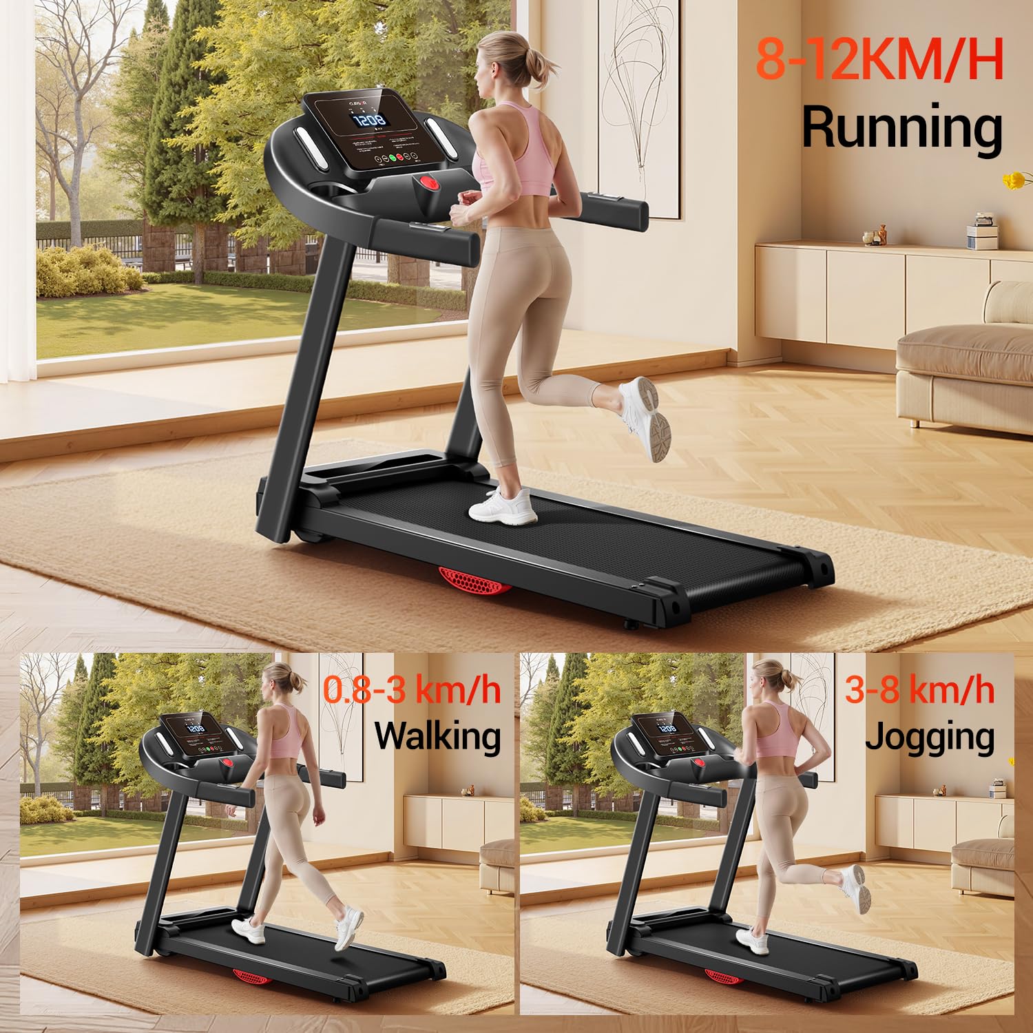 CURSOR FITNESS Folding Treadmill with 16% Adjustable Incline for Home, 2.5HP Quiet Brushless Motor, 265LBS Capacity, 12KM/H Foldable Walking Running Treadmills Machine with Pulse Sensor & LCD Display