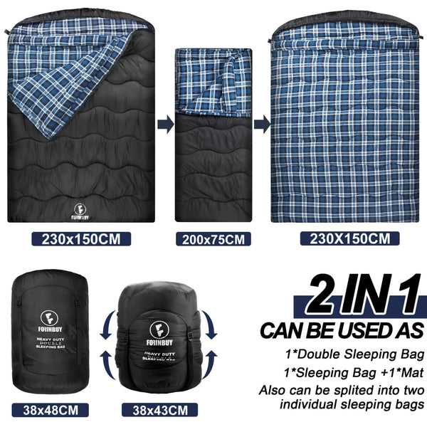 FORINBUY Winter Cotton Flannel Double Sleeping Bag for Adults - 0 degree Queen Size 2 Person Sleeping Bag, Waterproof & Warm for Cold Weather, Ideal for Couples, Family Camping & RV Travel