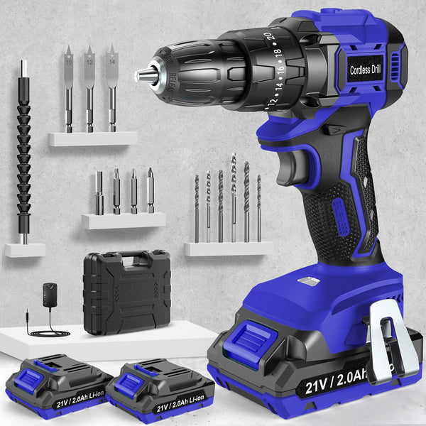 MHPRO Cordless Drill, Power Drill Brushless 21V, Cordless HammerDrill with 2 Batteries 2000mAh, 20+3 Torque, 45N.m Max DrillSet, LED Light, 2 Speed, 14PCS Accessories for Home and Garden DIY Project