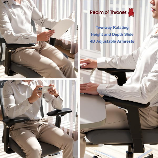 Realm of Thrones CAPTAIN Ergonomic Office Chair for Home, Heavy Duty Steel Base, Versatile Flip-up Armrests, Adjustable Lumbar Support, Mesh Back Comfort Cushion Seat for Computer Desk/Gaming (Black)