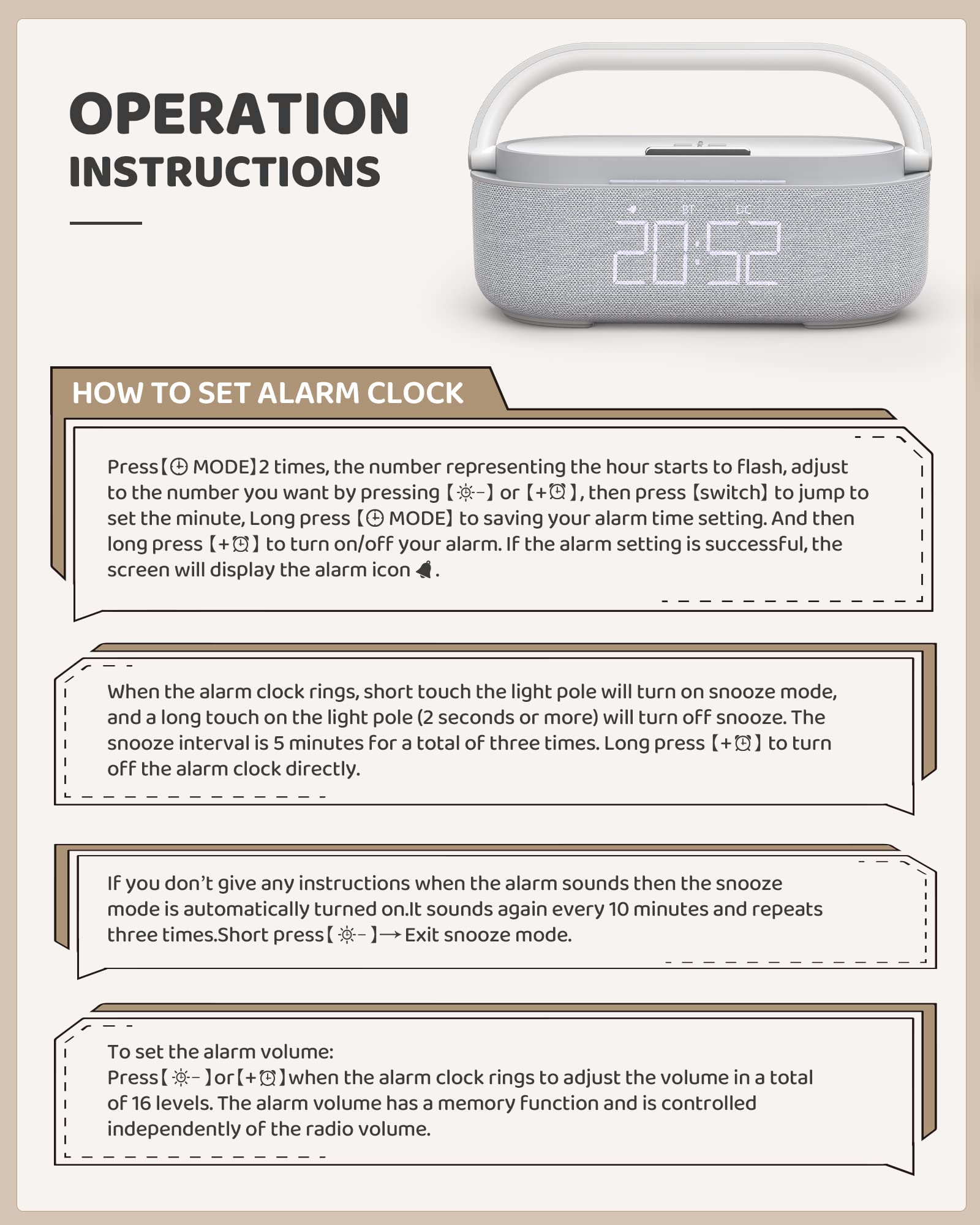 COLSUR Radio Alarm Clock Bluetooth Speaker, 15W Wireless Charger Alarm Clocks Bedside, Night Light, Loud Volume for Heavy Sleepers, Snooze, Dimmable LED Display, 2500mAh Battery