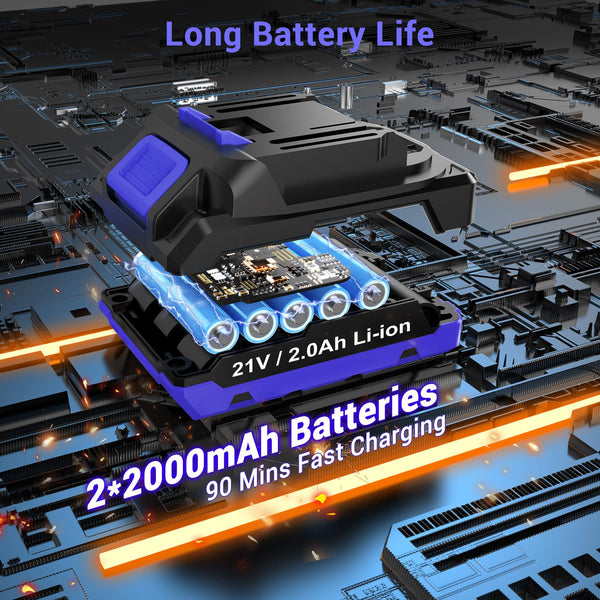 MHPRO Cordless Drill, Power Drill Brushless 21V, Cordless HammerDrill with 2 Batteries 2000mAh, 20+3 Torque, 45N.m Max DrillSet, LED Light, 2 Speed, 14PCS Accessories for Home and Garden DIY Project