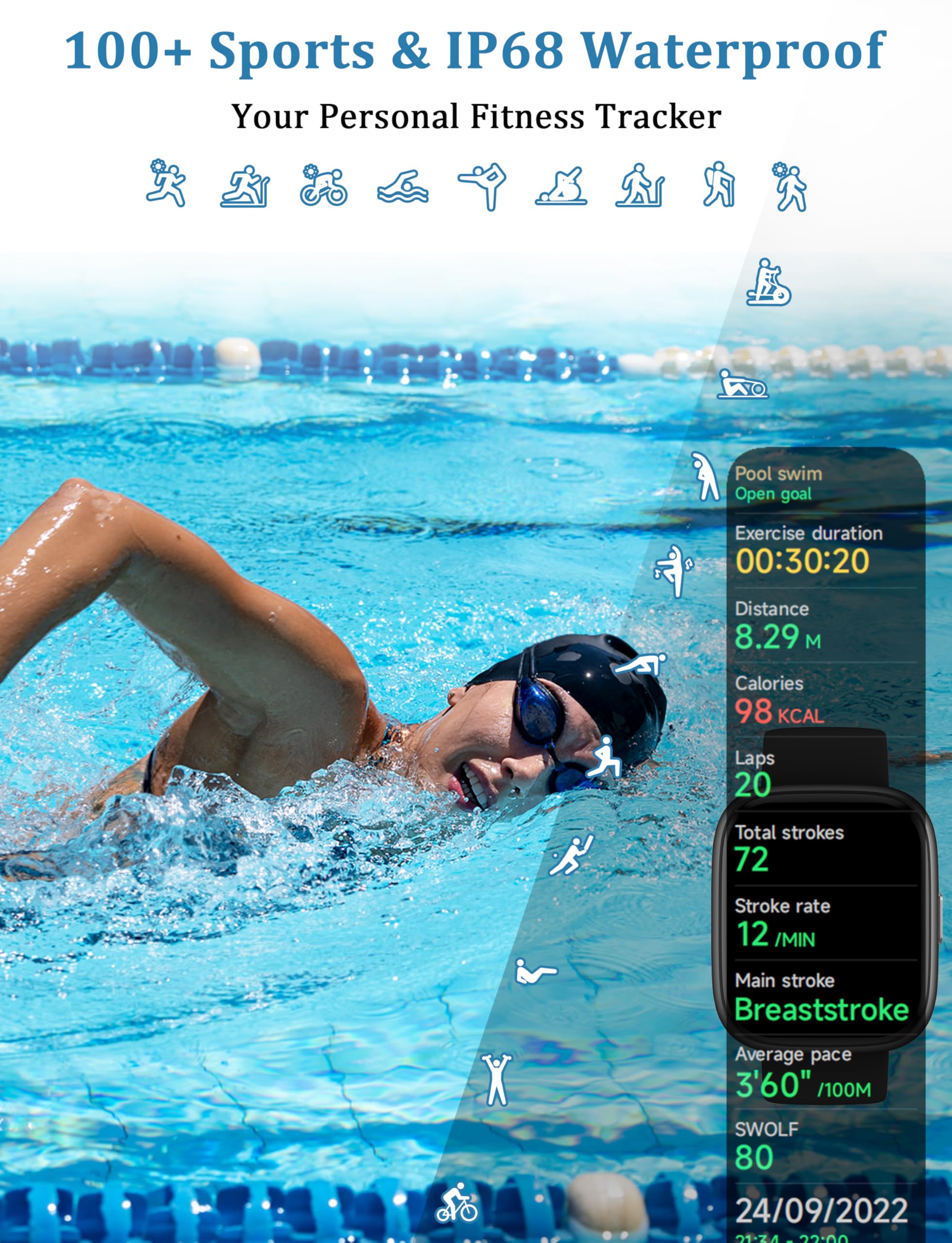 Smart Watch, Alexa Built-in, Answer/Make Calls 44mm Smartwatch Women Men, 1.83'' Sports Watch IP68 Waterproof, Heart Rate SpO2 Sleep Stress Monitor, Step Counter Watch for Android & iOS Phone