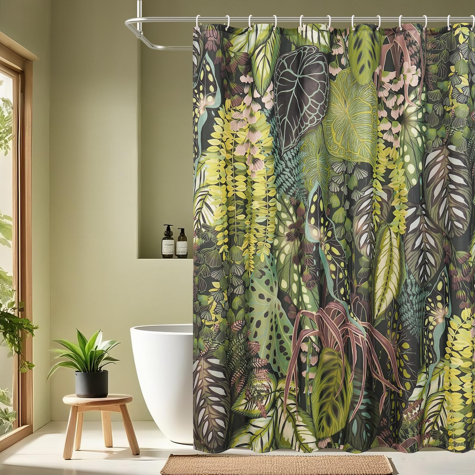 EurCross Tropical Jungle Green Shower Curtains, Waterproof Bathroom Curtain Mould Proof With Antirust Holes, Rainforest Nature Shower Curtain for