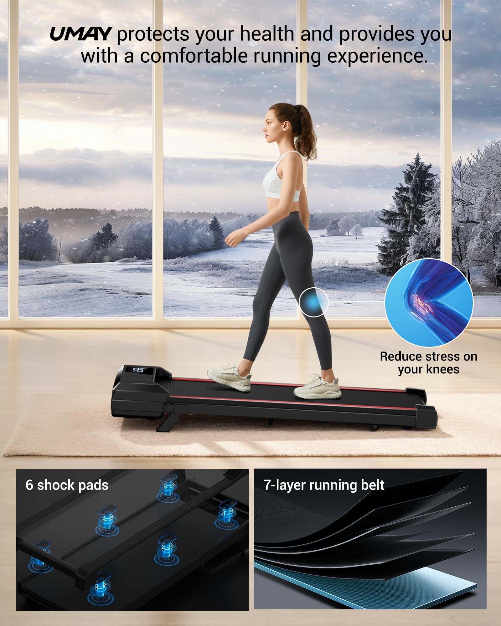 UMAY Walking Pad Treadmill with 9% Incline, Under Desk Treadmill with Diamond Pattern Running Belt, Lightweight Walking Running Electric Machine for Home Office with LED Display