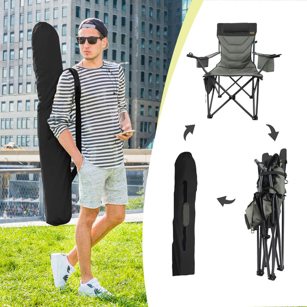 Outdoor Folding Camping Chair -Oversize Camping Chairs for Adults,Support 400lbs with Pillows & Cup Holders & Cooler Bags- Heavy Duty Collapsible Chairs for Sports Garden Beach Fishing(Grey Blue)