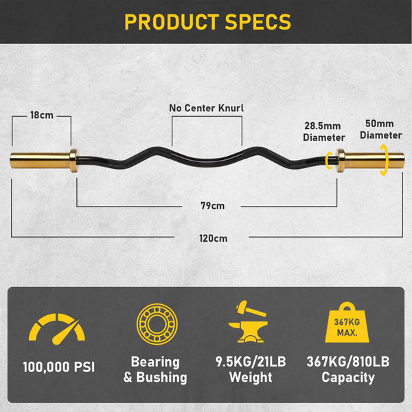 PhysKcal EZ Curl Bar, 1.2m Super EZ Olympic Bar for Standard 50mm Weight Plates, Excellent for Gaining Biceps and Triceps, Golden & Black