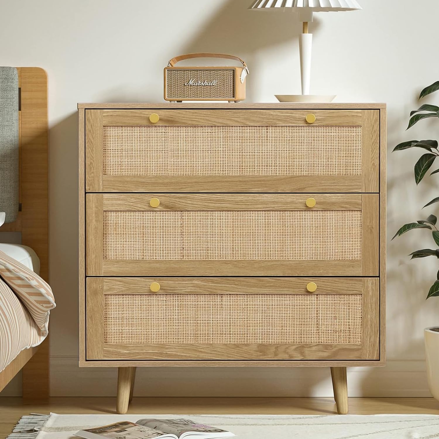 Yvsevnr Rattan Bedroom Chest of Drawers, 3 Drawer Dresser with Spacious Storage, Wood Dresser for Bedroom Hallway Living Room, Rustic Oak 80 x 40 x 91