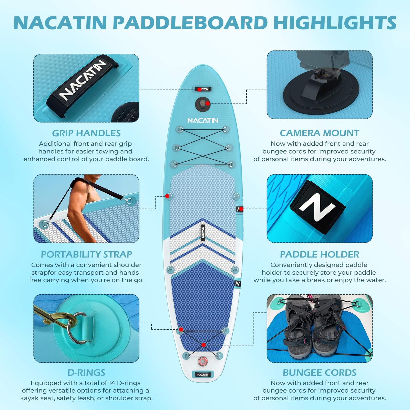 Paddle Boards for Adults, NACATIN Inflatable Stand Up Paddle Board with 10'6" SUP Paddleboard, Adjustable Paddle, Pump, Backpack, Dry Bag, Ideal for All Skill Levels (Optional Kayak Seat Available)