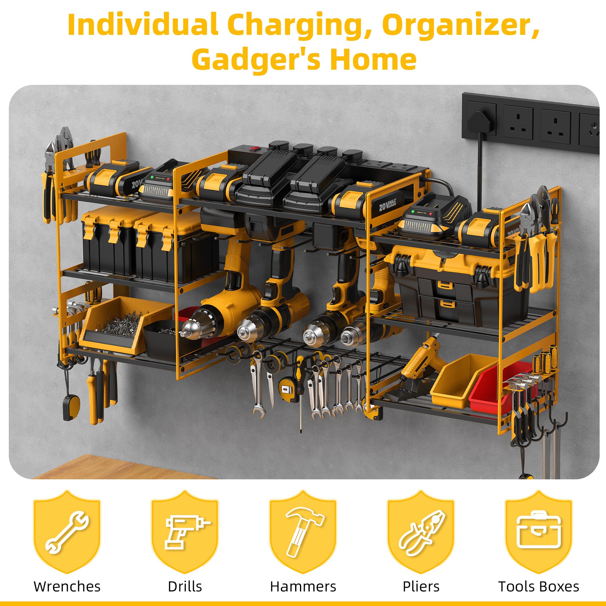 Power Tool Organizer with 6 Way Extension Lead,Large Tools Charging Station,8 Power Drill Tools Heavy Duty Drill Holder Wall Mounted Rack Utility Metal Tool Shelf Storage Organiser for Garage