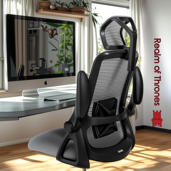 Realm of Thrones CAPTAIN Ergonomic Office Chair for Home, Heavy Duty Steel Base, Versatile Flip-up Armrests, Adjustable Lumbar Support, Mesh Back Comfort Cushion Seat for Computer Desk/Gaming (Black)