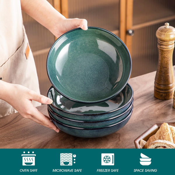 vancasso Stern 38 oz Ceramic Pasta Bowl Set of 4, Large Salad Bowls for Serving, Microwave Oven Safe Soup Bowls for Kitchen, Green Stoneware Bowl Set