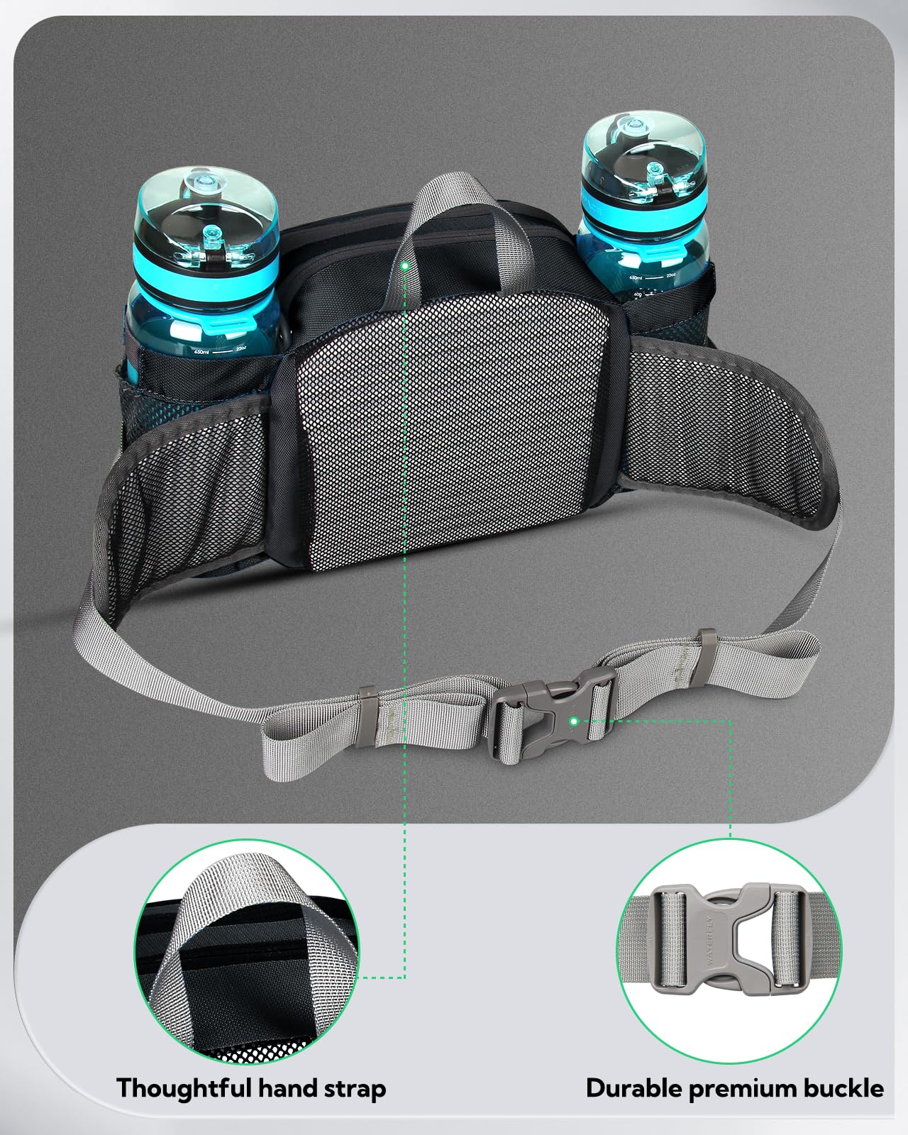 Waterfly Hiking Waist Pack Bum Bag Waist Bag with Bottle Holder Running Bag for Camping Climbing Travel Cycling and Dog Walking
