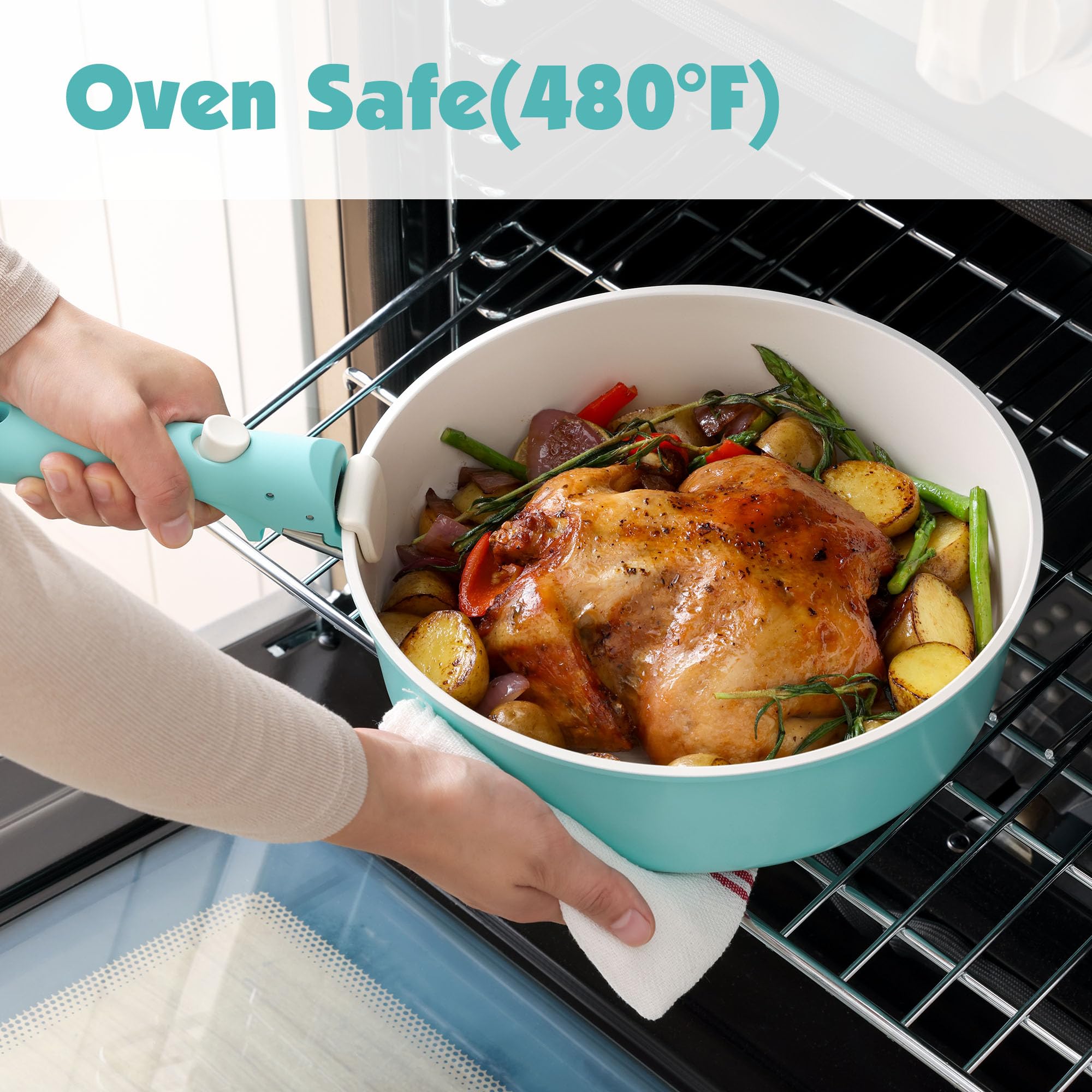 SENSARTE 17 Piece Pots and Pans Set, Nonstick Detachable Handle Cookware, Induction Kitchen Cookware Set with Removable Handle, Healthy Non Stick RV Cookware, Oven Safe (Black)