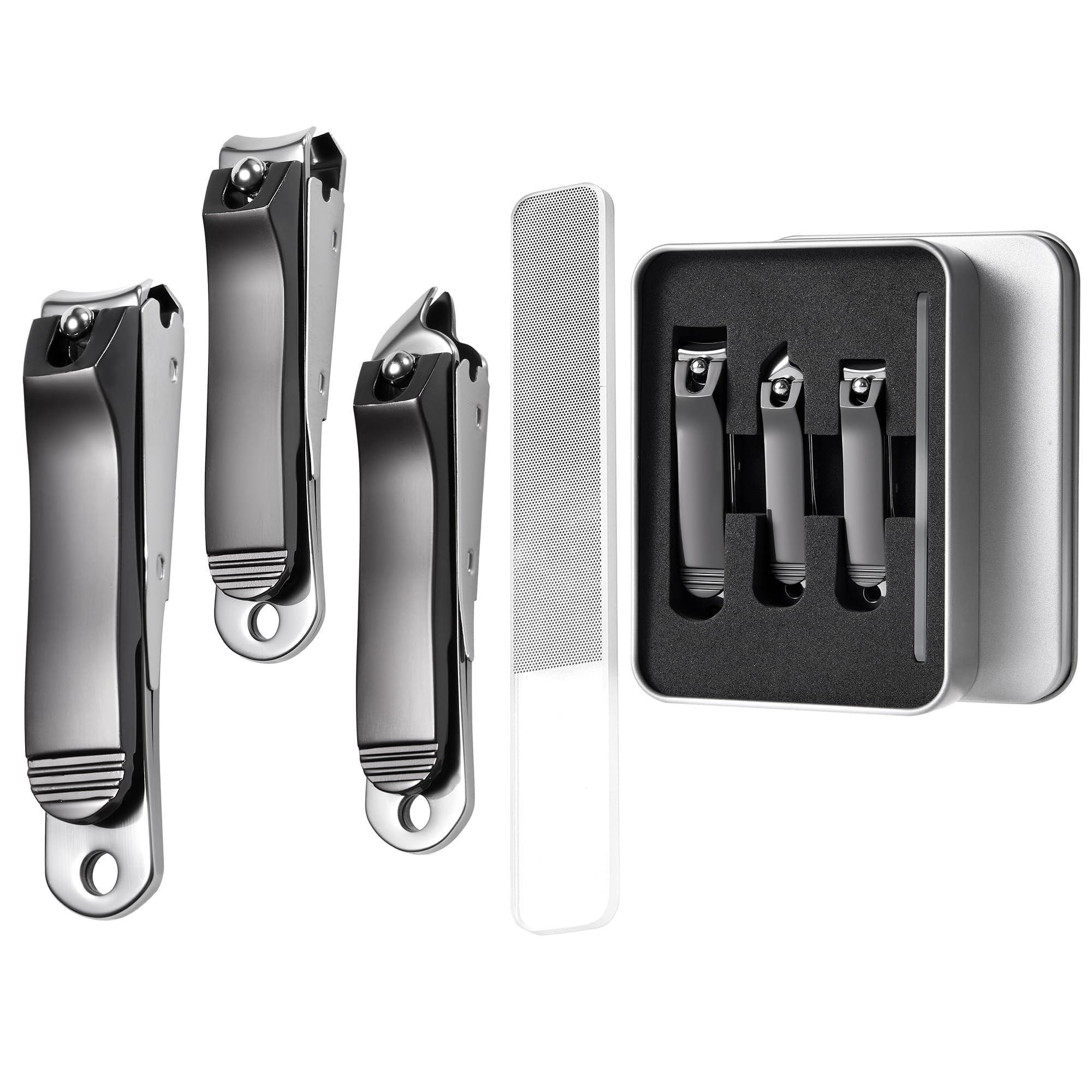 Nail Clippers Set 4-in-1 Stainless Steel Professional Nail Scissors for Fingernails & Toenails with Collection Container, Anti-Splitter Design & Glass